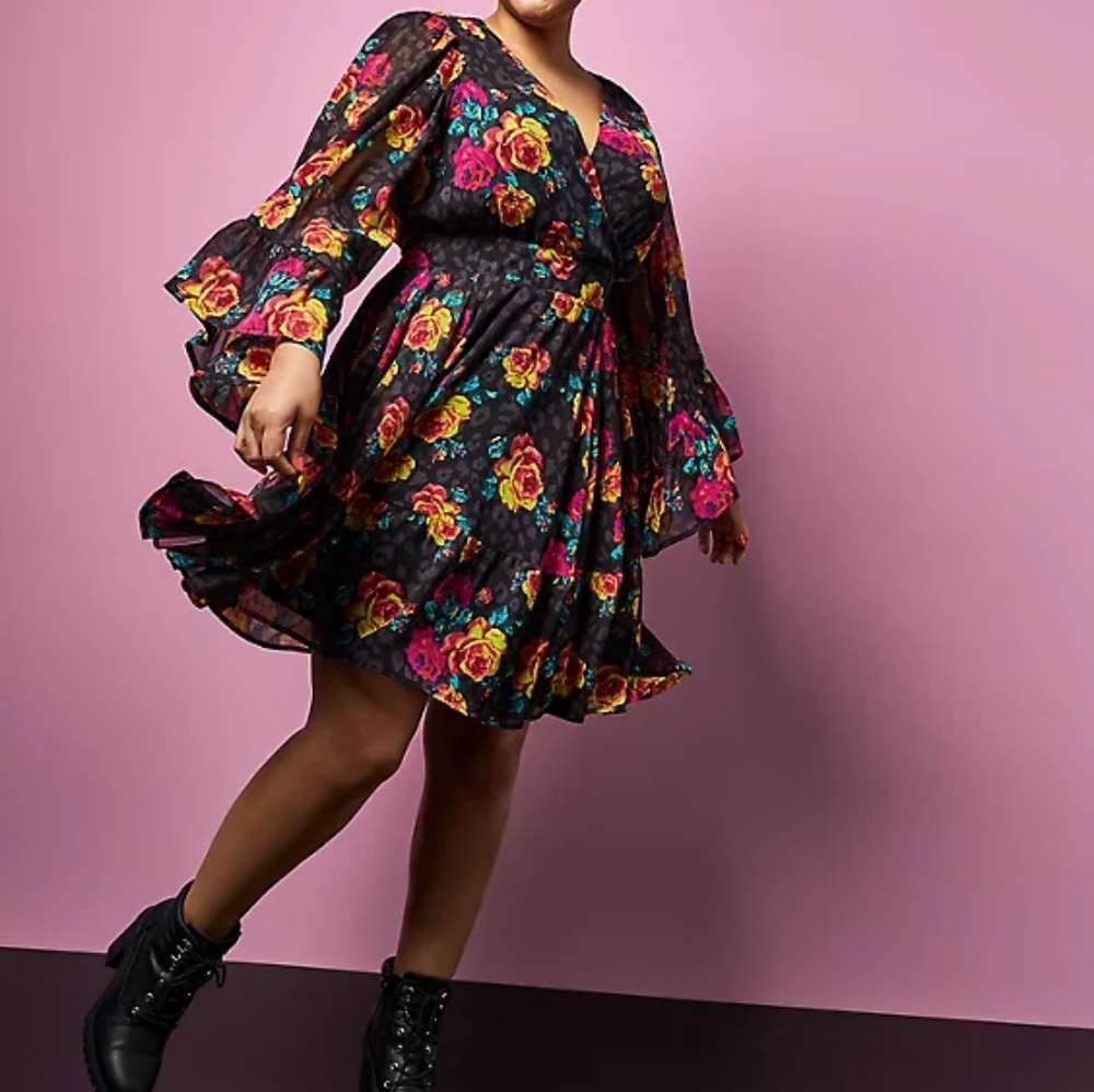 Torrid Betsey Johnson Black Floral Leopard Crinkled Chiffon Mini Dress